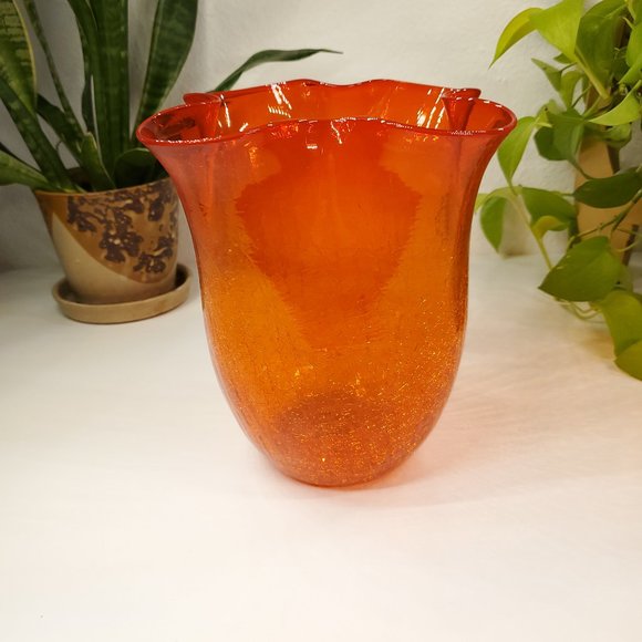 Vintage Blenko 404S Tangerine Orange Crackle Glass Vase - Picture 2 of 7